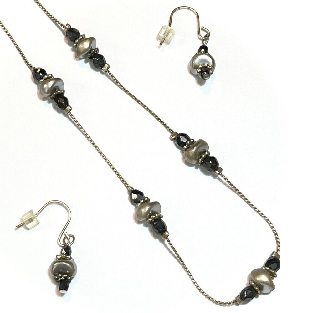 Handmade Necklace & Earrings Set Silver Chain Black Metallic Beaded